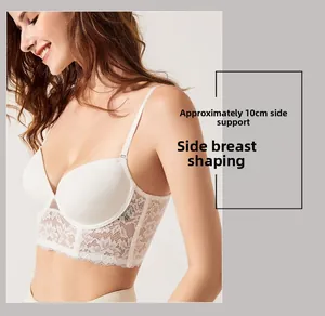 Detail view of white lace longline bra with 10cm side wings for smoothing the silhouette