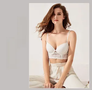 Detailed view of white floral lace panel and low back design on a comfortable bra