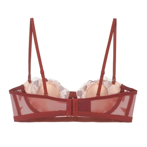 Detail of dark red lace bra showing intricate rose embroidery and mesh fabric texture