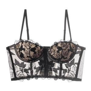 Bustier en dentelle florale française avec broderie rose et bretelles réglables en noir