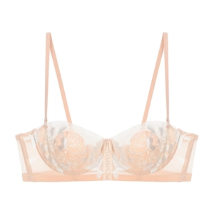 Detailed close-up of rose flower embroidery and fine lace on this French style bra