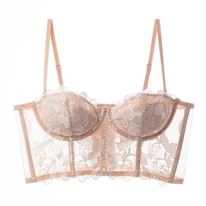 Soutien-gorge corset en dentelle française brodé de roses avec armatures abricot