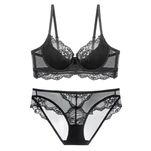Elegant black lace lingerie set with sheer mesh and full cup underwire bra on white background