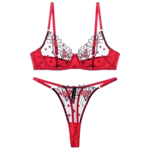 Sexy red mesh lingerie set with floral embroidery and underwire bra on white background