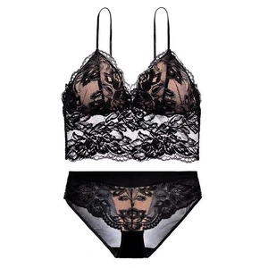 French Sexy Lace Lingerie Floral Embroidery Wireless Bralette And Matching Panty Thin Cup Vest Style Underwear For Women