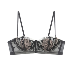 Detail of rose floral embroidery on black lace demi cup bra with fine mesh texture