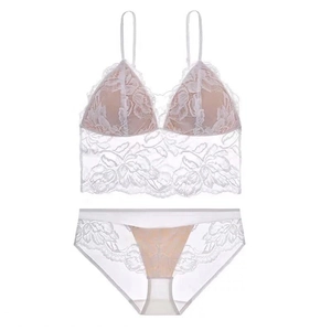 French lace triangle bralette and panty set in white with floral embroidery detail