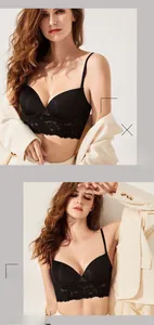 Detail view of black lace patchwork push-up bra with smooth cups worn under a blazer