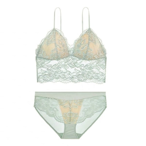 Lace bralette set with mint green floral embroidery and matching panties in flat lay