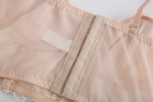 Gros plan sur la fermeture à trois rangées de crochets d'un soutien-gorge en dentelle