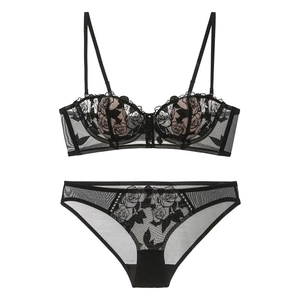 French Sexy Lingerie For Women Flower Embroidery Lace Bra Top And Bottom Mesh Underwired Thin Cup Minimizer Bra Lingerie Set