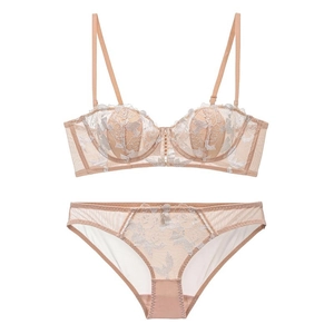 Lace lingerie set with floral embroidery and mesh underwire bra in nude pink