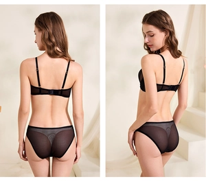 Vue arrière d'un ensemble de lingerie sexy en mesh noir avec bretelles réglables et sangles