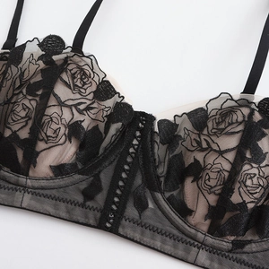French style black lace floral embroidery bra with soft underwire and rose patterns