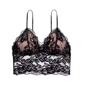 French style black lace triangle bralette with floral patterns and thin shoulder straps