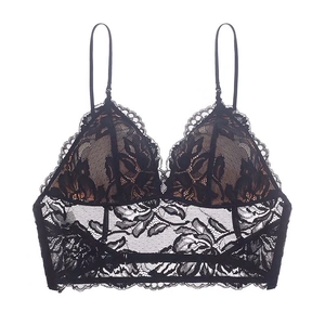 French style thin black lace bralette with floral embroidery and deep V-neckline