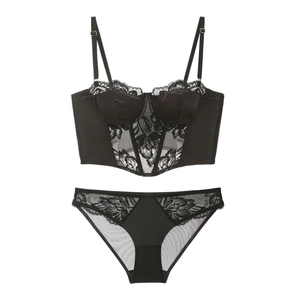 French Satin Lace Patchwork Bustier Lingerie For Women Sexy Boning Push Up Bra And Panties Luxury Lingerie