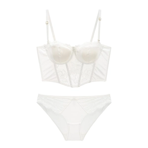 French style white satin and lace lingerie set with corset bra and matching panty