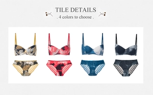 Détail de quatre ensembles de lingerie push-up imprimés avec dentelle à plat