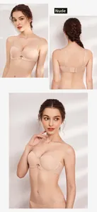 Three-view layout of a nude seamless strapless bra with front buckle and 1/2 cup design