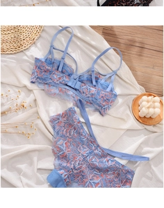 Close-up of contrast lace detail on light blue wireless bra set with intricate patterns