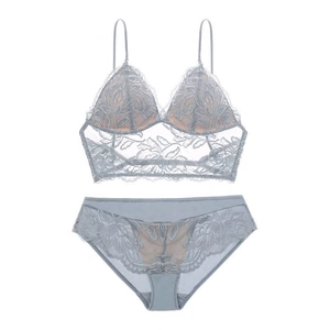 Dusty blue lace lingerie set with wireless triangle cup bra and matching panties