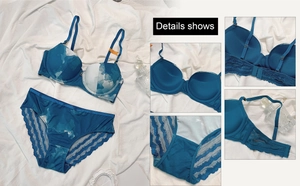 Détails de l'ensemble de lingerie bleu et blanc avec imprimé tie-dye et dentelle