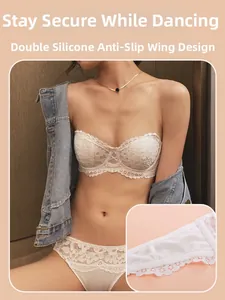 Detail view of white lace bra featuring double silicone anti-slip side wings for secure fit