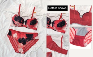 Détails de l'ensemble de lingerie rouge à fleurs avec dentelle et bretelles