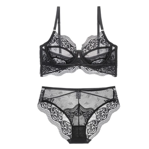 Sexy black lace lingerie set with sheer mesh underwired bra and matching panty