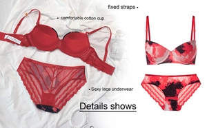 Détails de l'ensemble de lingerie rouge avec bonnets en coton et imprimé artistique