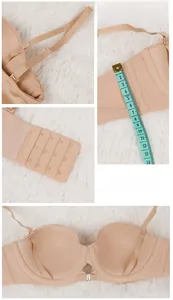 Detail of skin color traceless bra featuring 14cm wide side wings and four-row hook closures