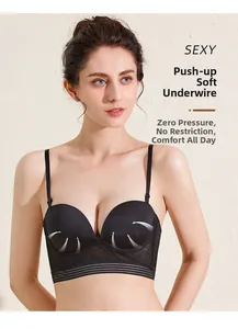 Detail of black longline bra with soft underwire and semi-transparent mesh paneling