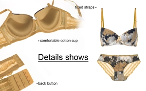 Vue détaillée de l'ensemble soutien-gorge en dentelle avec imprimé et agrafes au dos