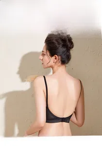 Macro shot of seamless black deep U-shaped backless bra with delicate striped textured edges