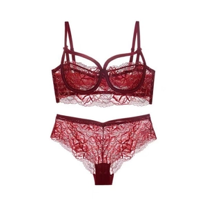 French wine red lace lingerie set with eyelash lace trim and double shoulder straps