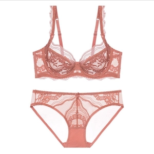 Conjunto de lencería de encaje francés con sujetador transparente y braguita en rosa suave