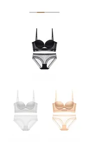 Detail of ultra-thin seamless U-shaped backless bra and sheer polka dot mesh panties set