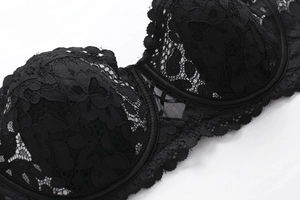 Close-up of intricate floral lace embroidery and eyelash trim on black bra cup
