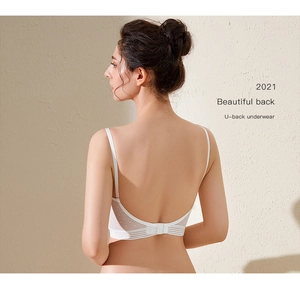 Detail of white U-back seamless bra featuring thin dual straps and mesh dot texture