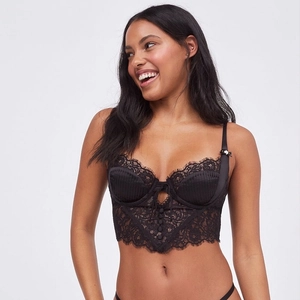 Lace bustier longline bra in black with satin stripes and decorative buttons
