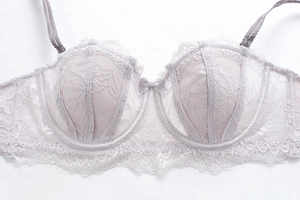 Detail of light purple lace bra showing delicate floral patterns and eyelash lace trim