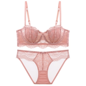 Pink French lace lingerie set with non-slip strapless bra and matching floral panties
