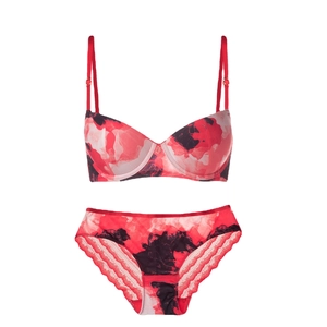 Ensemble lingerie avec soutien-gorge imprimé marbré et culotte en dentelle rouge