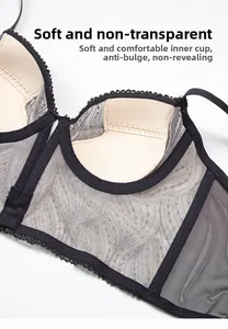 Detail of black lace bra with soft beige padding and delicate floral embroidery edges