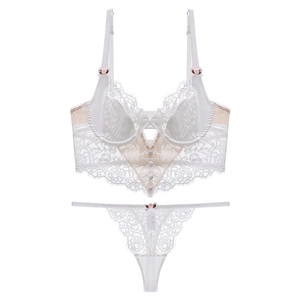 French lace lingerie set with floral embroidery and satin stripes in white