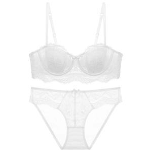 French style white lace lingerie set with floral patterns and scalloped edges