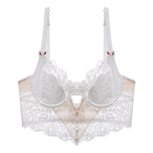 French style white lace bralette with satin pleats and rose accents on thin straps