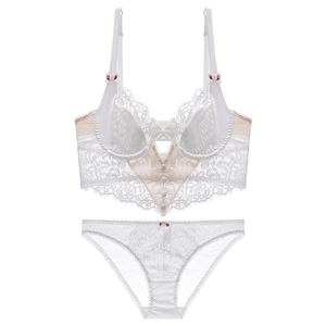 Close-up of white eyelash lace lingerie set featuring floral embroidery and satin details
