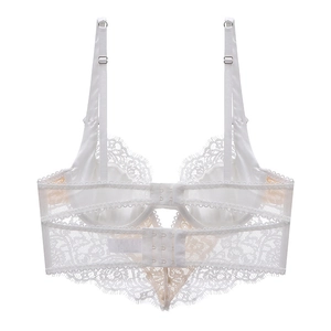 Detailed back view of white lace bralette featuring double hook-and-eye closure and straps